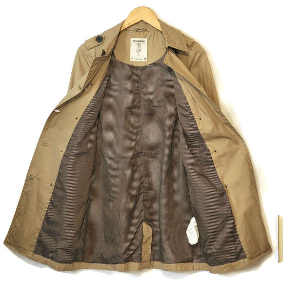 Pull & Bear Double Breasted Belt Tie Waist Mid Length Tan Trench Coat Size S - Picture 7 of 16